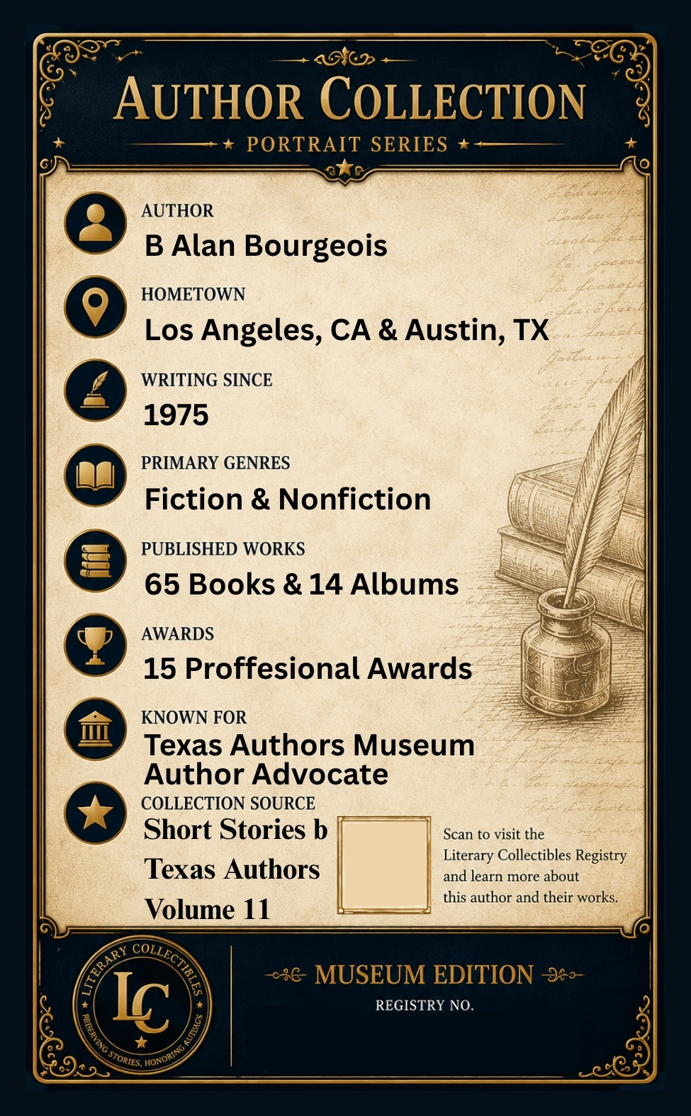 Back of the B Alan Bourgeois author collectible card