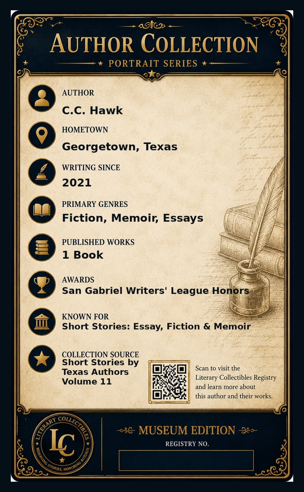 Back of the C.C. Hawk author collectible card