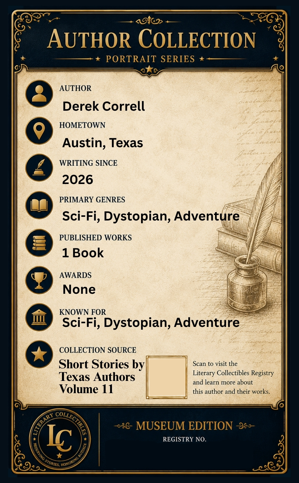 Back of the Derek Correll author collectible card