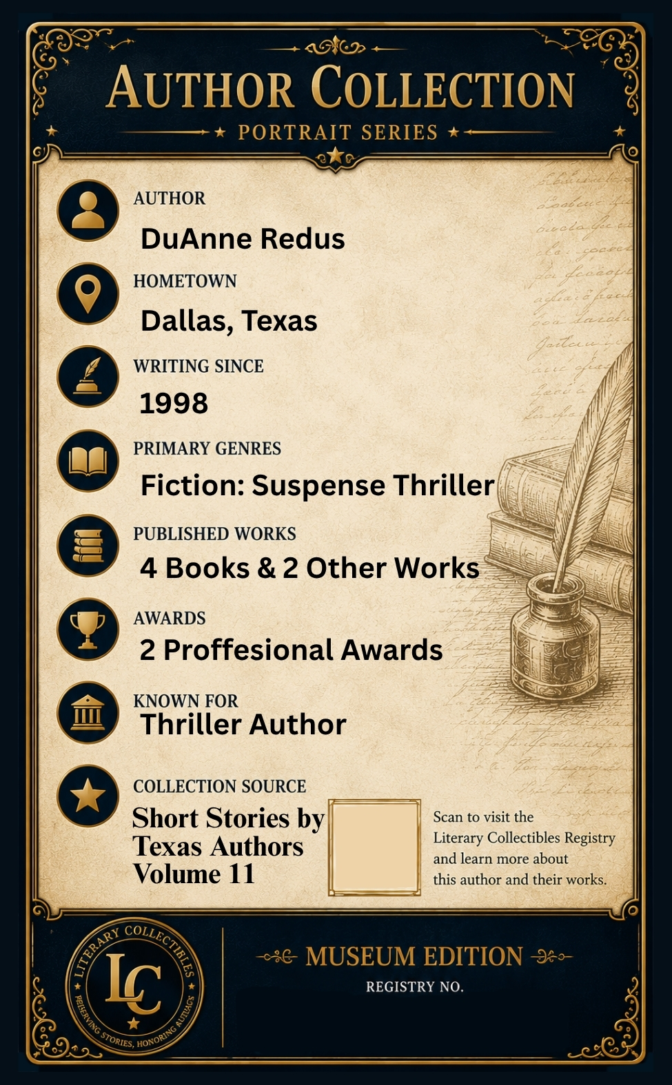 Back of the DuAnne Redus author collectible card