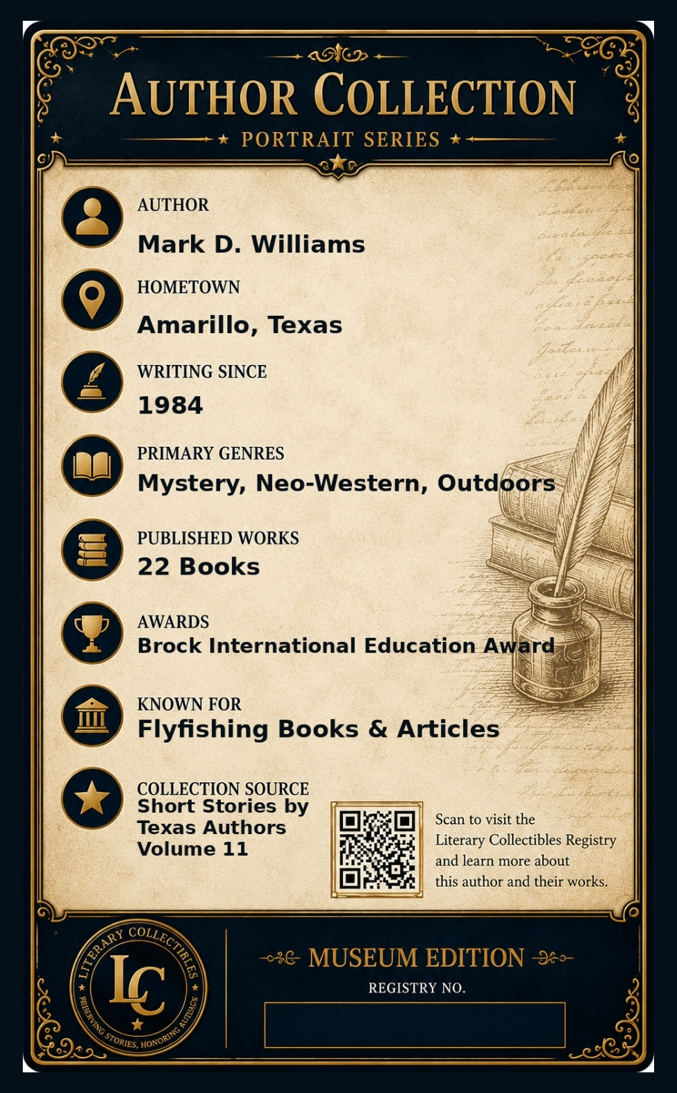 Back of the Mark D. Williams author collectible card