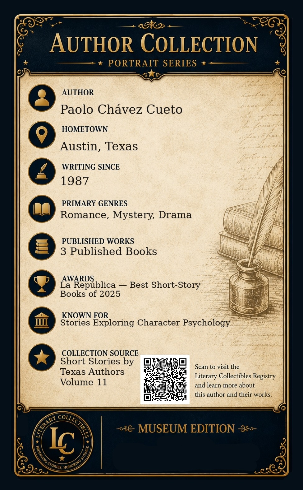 Back of the Paolo Chávez Cueto author collectible card
