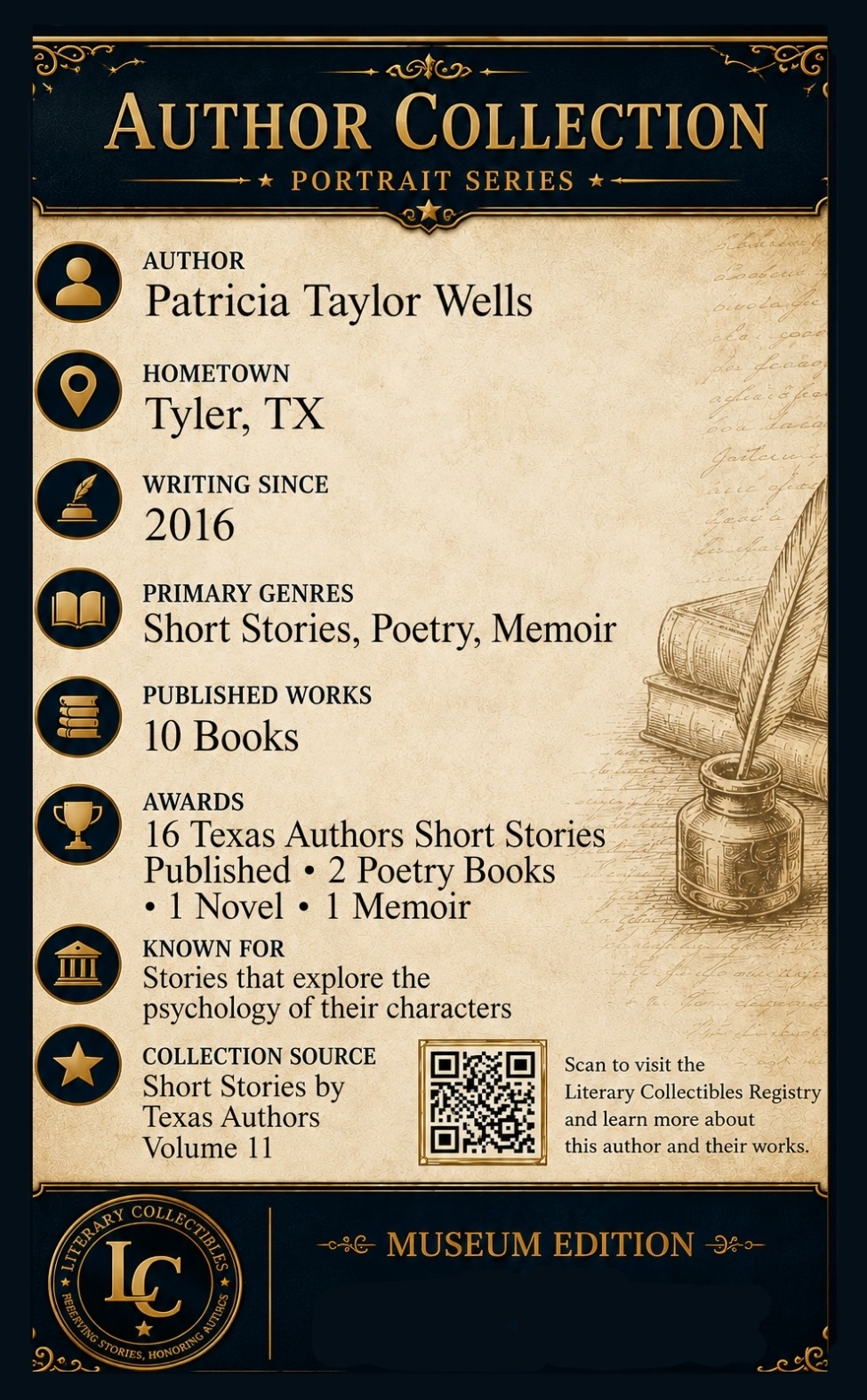 Back of the Patricia Taylor Wells author collectible card