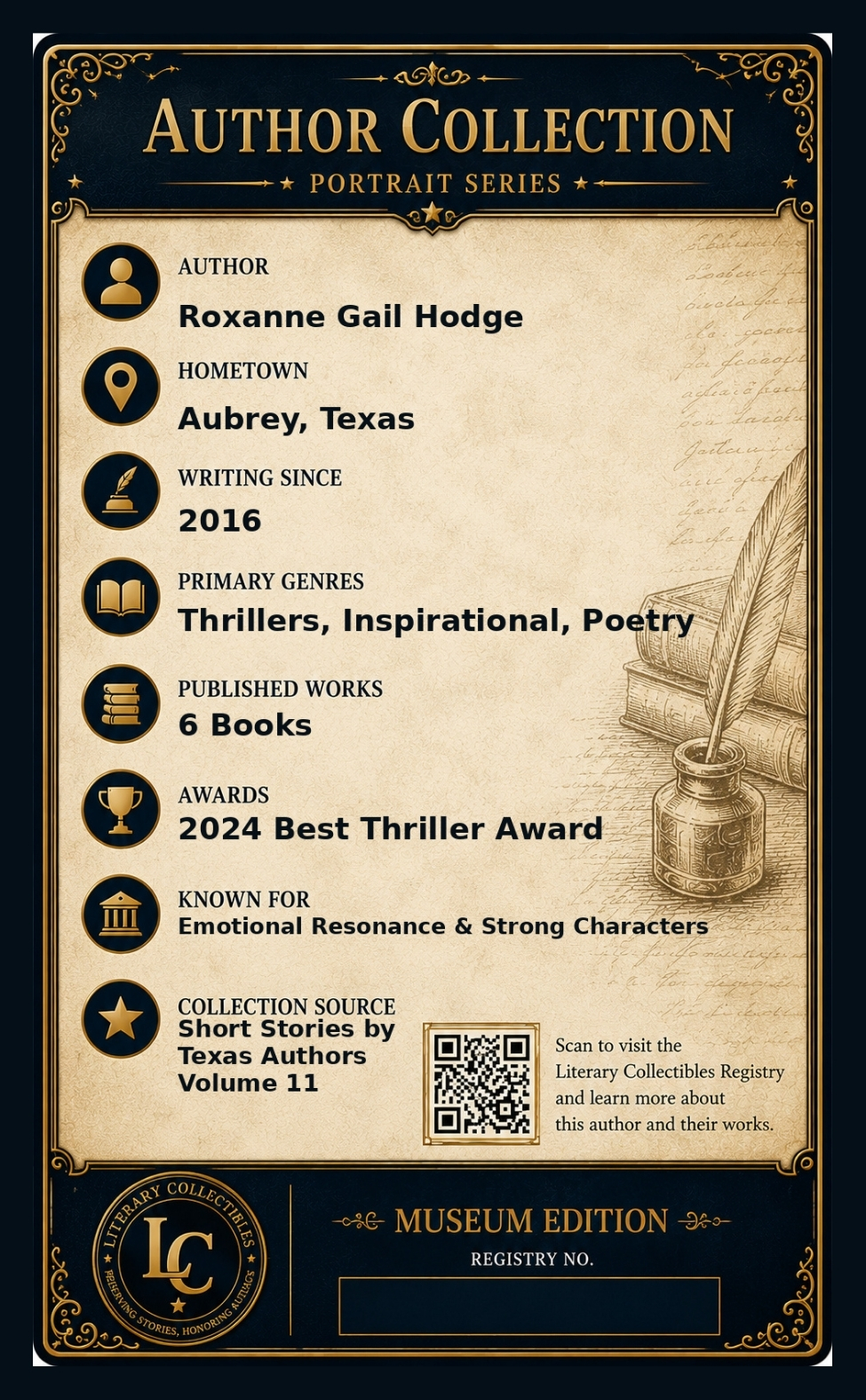 Back of the Roxanne Gail Hodge author collectible card
