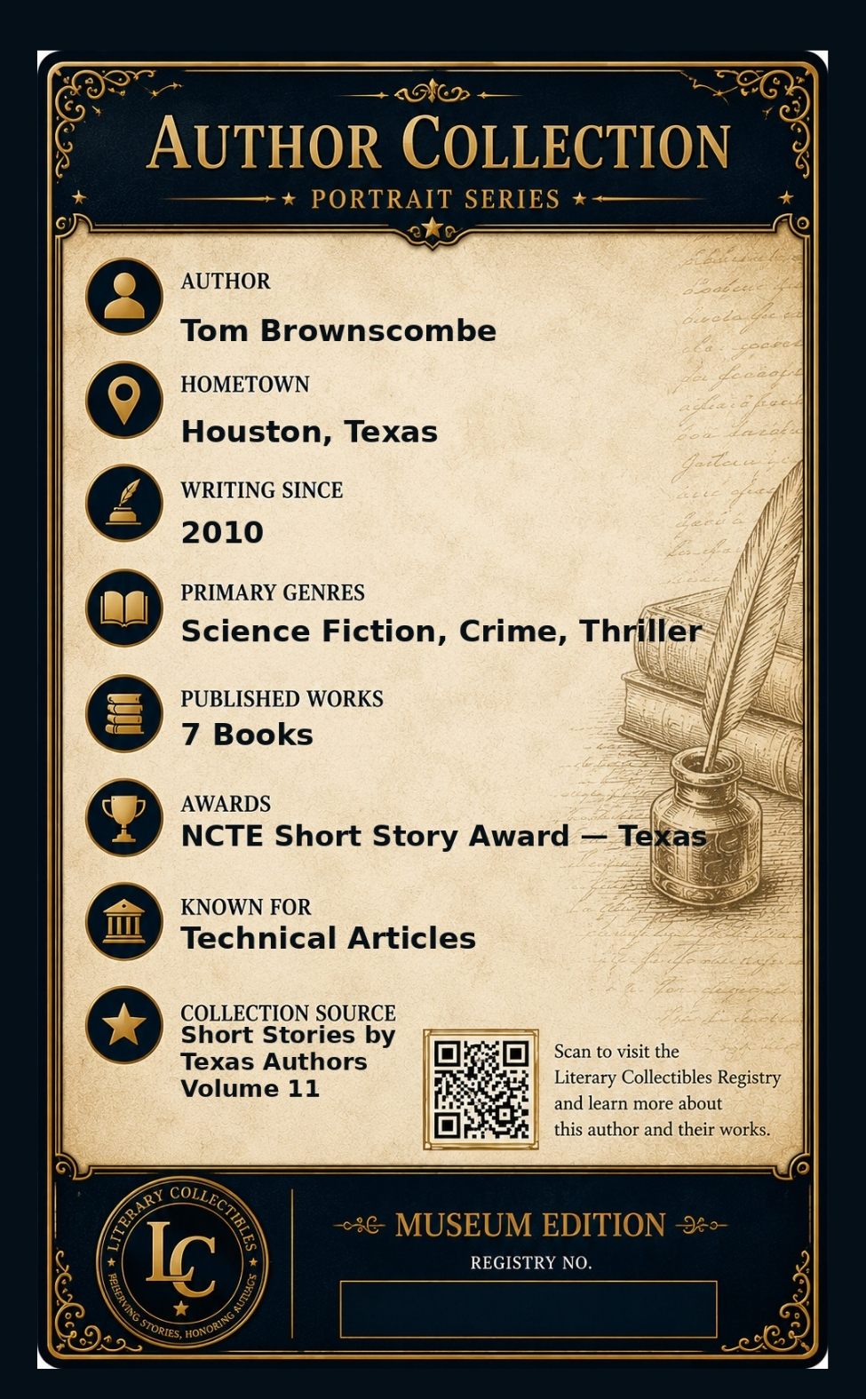 Back of the Tom Brownscombe author collectible card