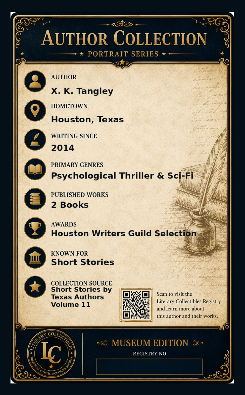 Back of the X. K. Tangley author collectible card